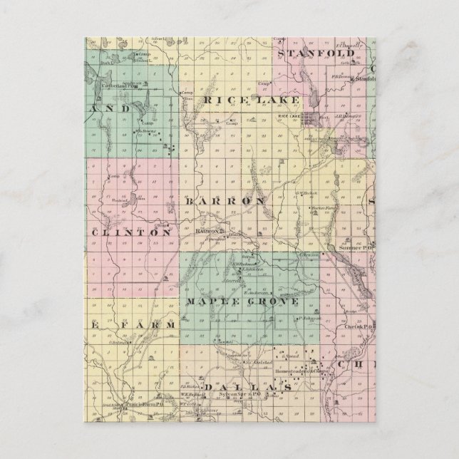 Cartão Postal Mapa do Condado de Barron, Estado de Wisconsin (Frente)