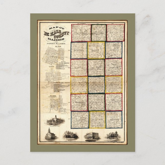 Cartão Postal Mapa do Condado de De Kalb, Illinois (1860) (Frente)