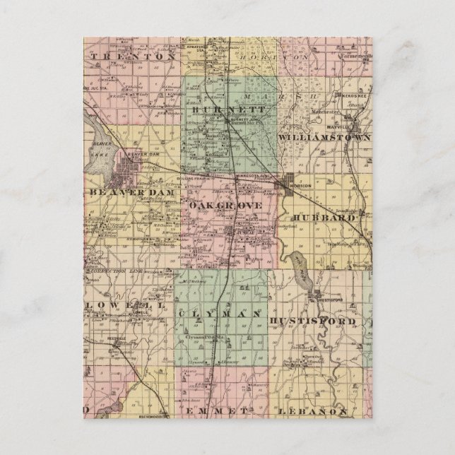 Cartão Postal Mapa do Condado de Dodge, Estado de Wisconsin (Frente)