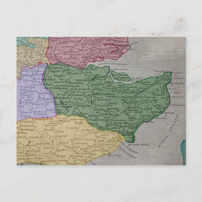 Cartão Postal Mapa do Condado de Kent, Inglaterra (Frente)