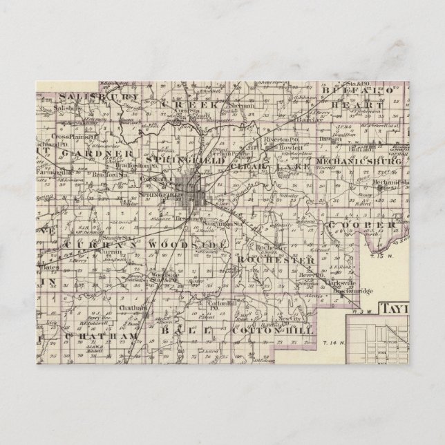 Cartão Postal Mapa do Condado de Sangamon e Taylorville (Frente)
