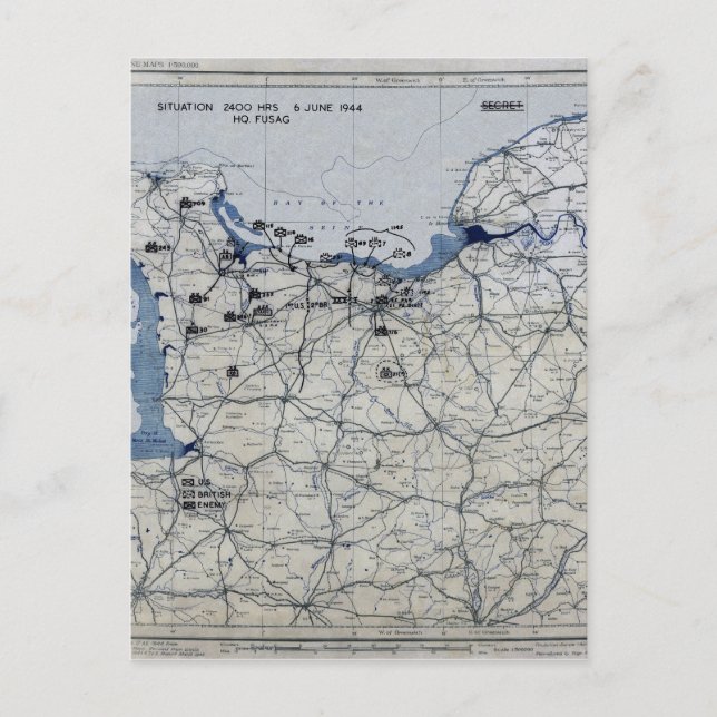 Cartão Postal Mapa do Dia D da Segunda Guerra Mundial 6 de junho (Frente)