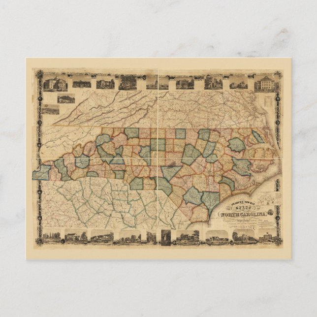 Cartão Postal Mapa do estado da Carolina do Norte (c 1870) (Frente)