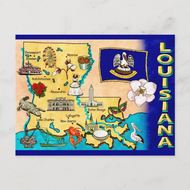 Cartão Postal Mapa do Estado da Louisiana (Frente)