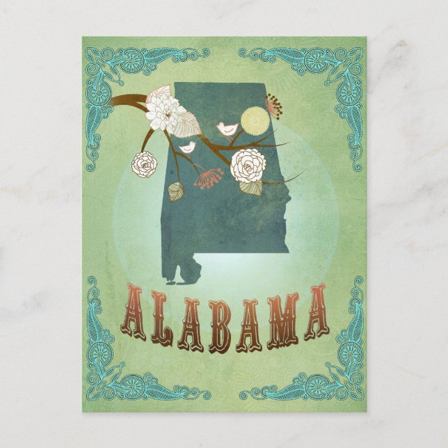 Cartão Postal Mapa do estado de Alabama - verde (Frente)