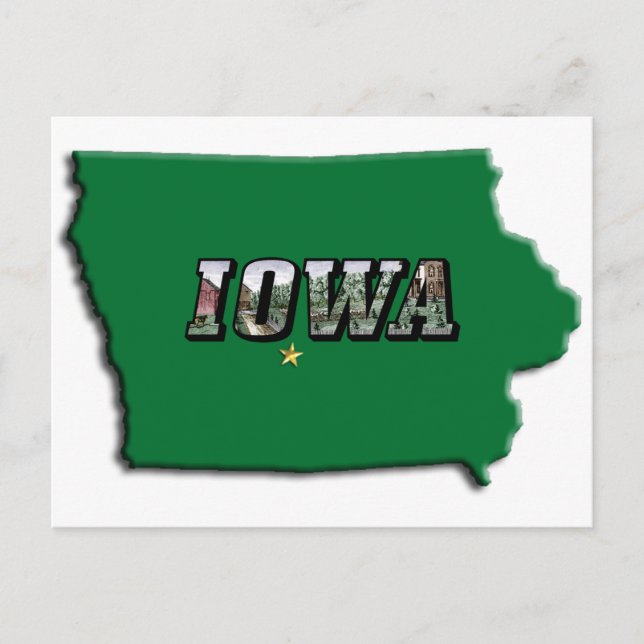 Cartão Postal Mapa do Estado de Iowa Contorno Verde & Texto com  (Frente)