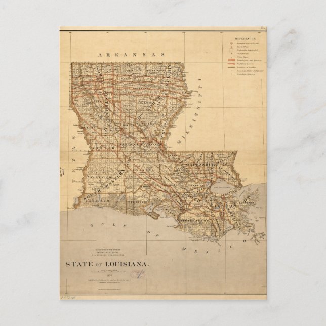 Cartão Postal Mapa do estado de Louisiana (1876) (Frente)