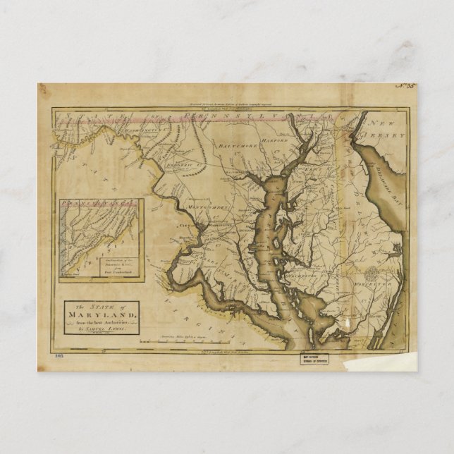 Cartão Postal Mapa do Estado de Maryland (1795) (Frente)