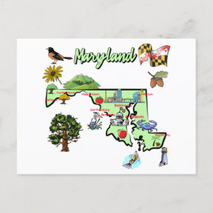 Cartão Postal mapa do estado de Maryland, EUA, grandes cidades
