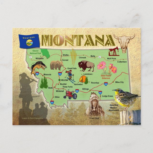 Cartão Postal Mapa do Estado de Montana (Frente)
