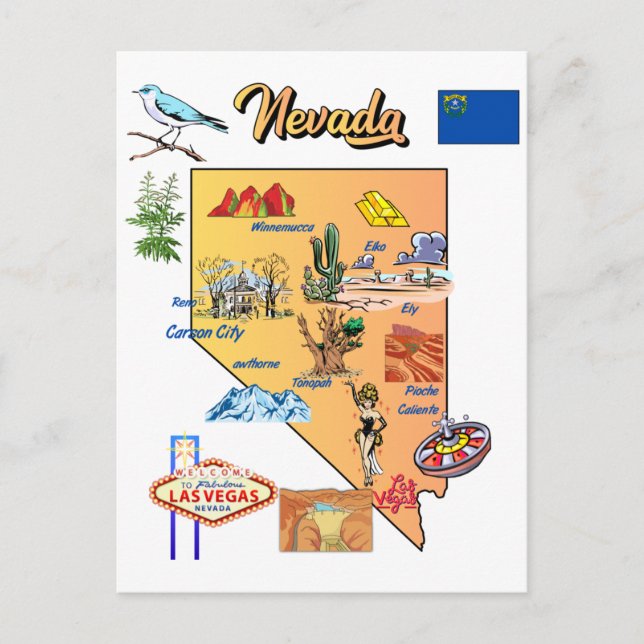 Cartão Postal Mapa do Estado de Nevada com Destinos Turísticos (Frente)