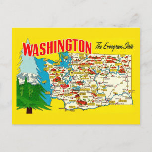 Cartão Postal Mapa do Estado de Washington em Postcard Vintage