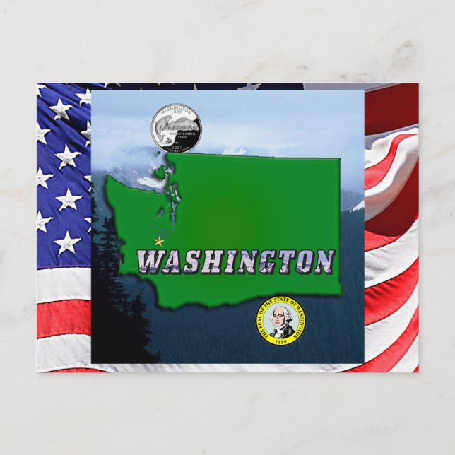 Cartão Postal Mapa do Estado de Washington Falso Quarto, Selo, M (Frente)