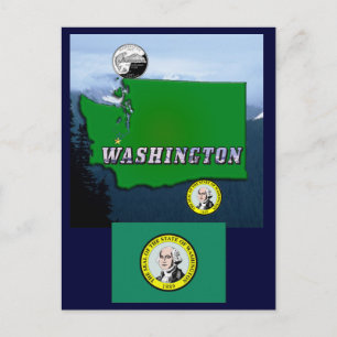 Cartão Postal Mapa do Estado de Washington Faux Quarter, Seal, M