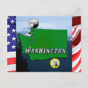 Cartão Postal Mapa do Estado de Washington Faux Quarter, Seal, M