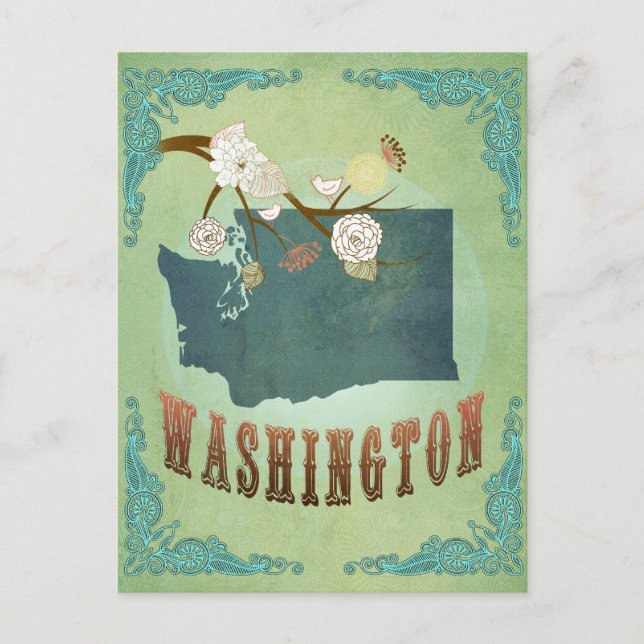Cartão Postal Mapa do Estado de Washington - Verde (Frente)