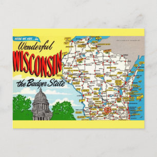 Cartão Postal Mapa do Estado de Wisconsin