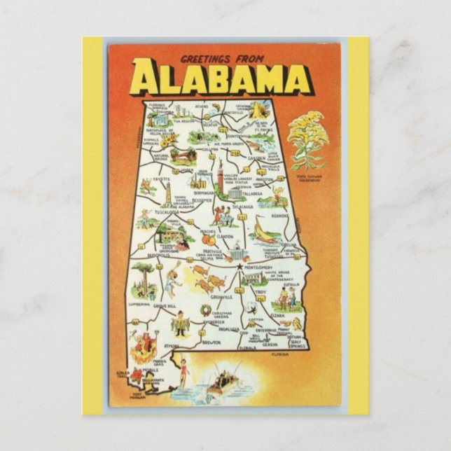 Cartão Postal Mapa do Estado do Alabama (Frente)