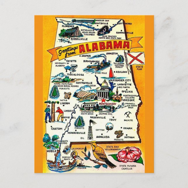 Cartão Postal Mapa do Estado do Alabama em Postal (Frente)