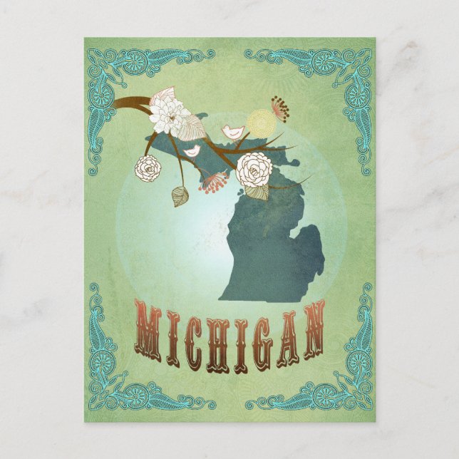 Cartão Postal Mapa do Estado do Michigan - Verde (Frente)