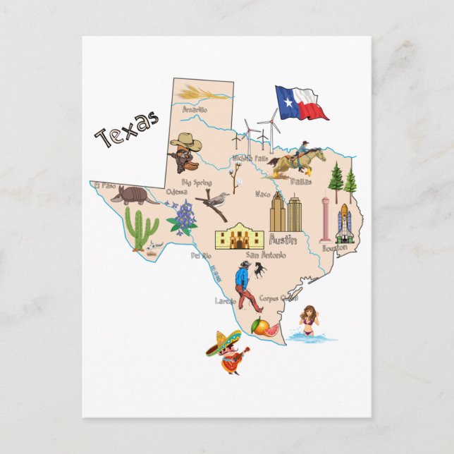 Cartão Postal Mapa do Estado do Texas (Frente)