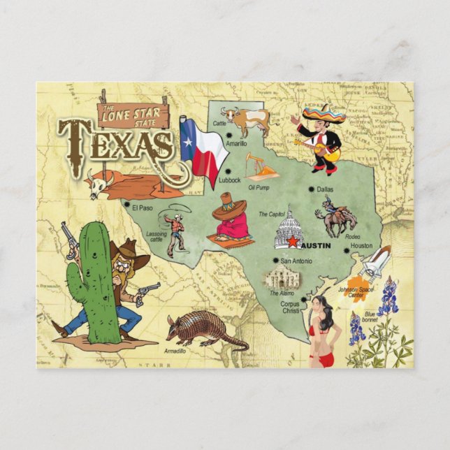 Cartão Postal Mapa do Estado do Texas (Frente)