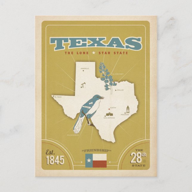 Cartão Postal Mapa do Estado do Texas | Estado Estrela Única (Frente)