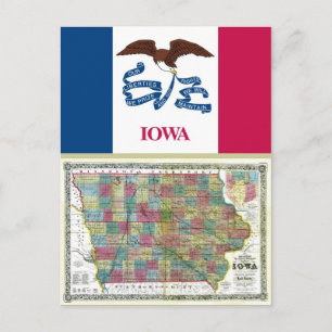 Cartão Postal Mapa do Iowa e Sinalizador do Estado