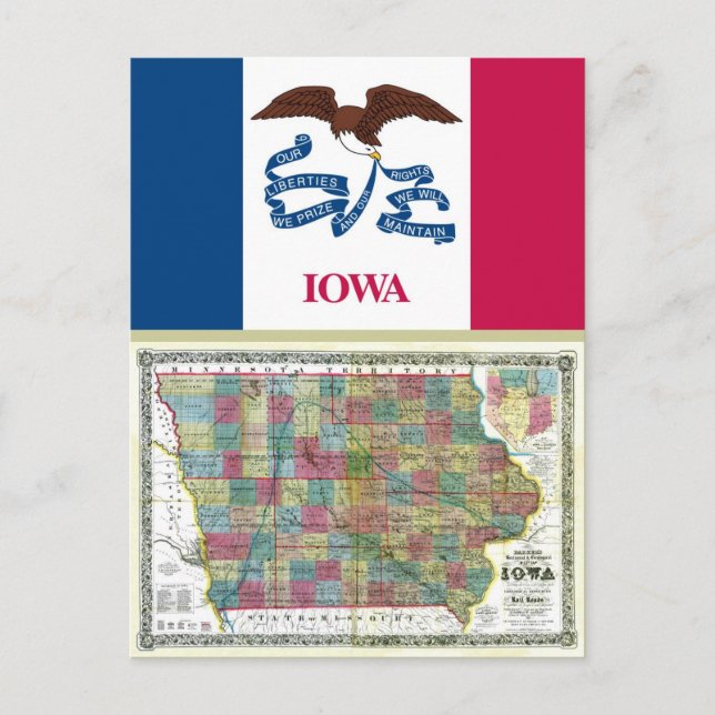 Cartão Postal Mapa do Iowa e Sinalizador do Estado (Frente)