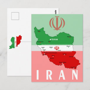 Cartão Postal Mapa do Irã com Bandeira e Emblema