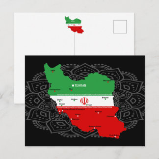 Cartão Postal Mapa do Irã com Bandeira e Emblema