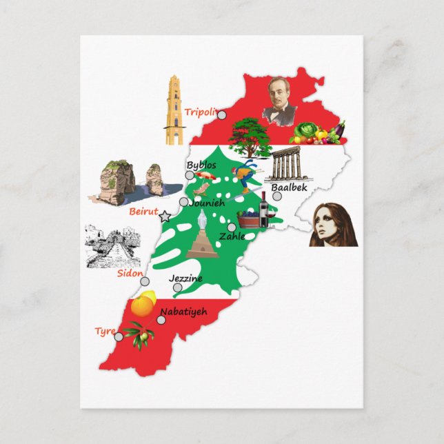 Cartão Postal Mapa do Líbano, grandes cidades nomeiam libanês (Frente)