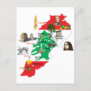 Cartão Postal Mapa do Líbano, nomes das principais cidades liban