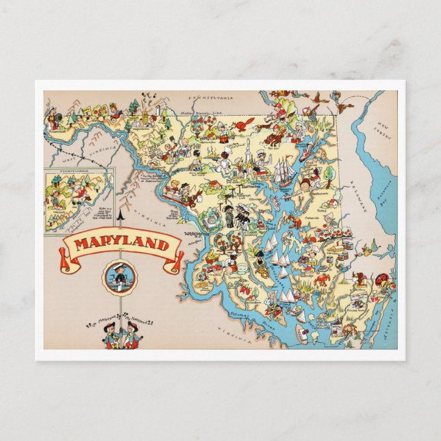 Cartão Postal Mapa do Maryland Funny Vintage (Frente)