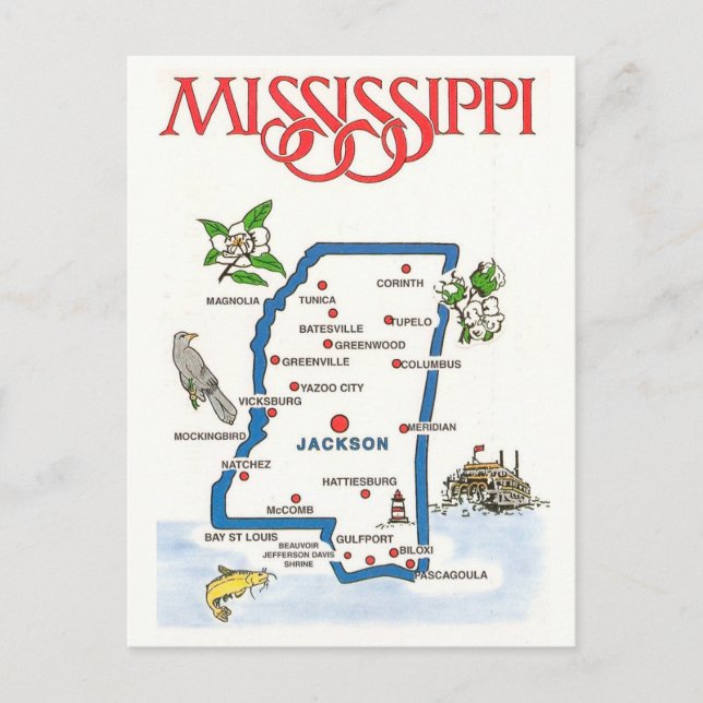 Cartão Postal Mapa do Mississippi  (Frente)