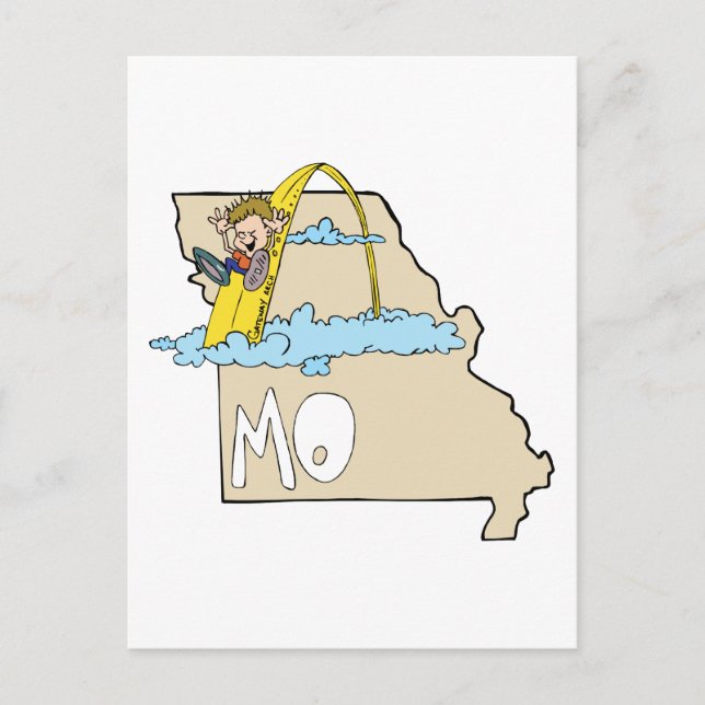 Cartão Postal Mapa do Missouri com Cartoon do Santo Louis Arch (Frente)