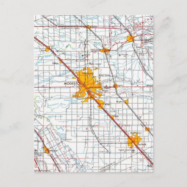 Cartão Postal Mapa do Modesto California Vintage (Frente)