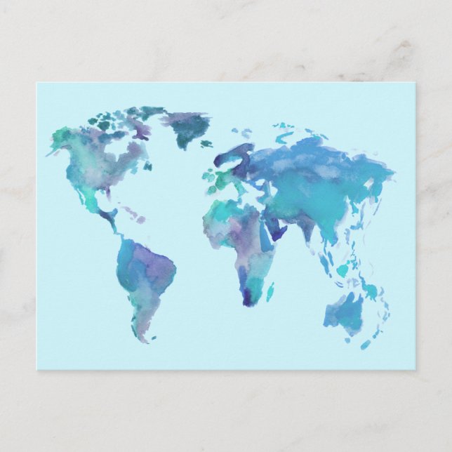 Cartão Postal Mapa do Mundo Azul da Aquarela (Frente)