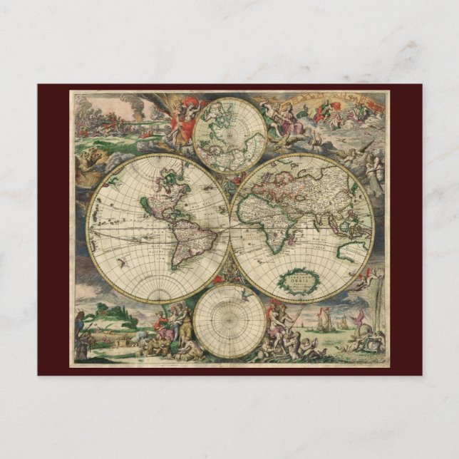 Cartão Postal Mapa do Mundo de Gerard Van Schagen, 1689 (Frente)