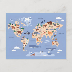 Cartão Postal Mapa do Mundo dos Animais Fofos