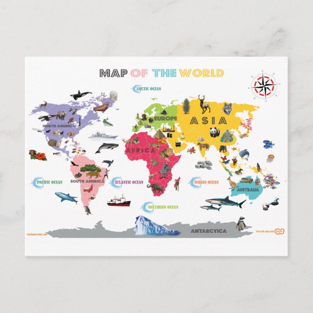 Cartão Postal Mapa do mundo para os miúdos - brancos e (Frente)