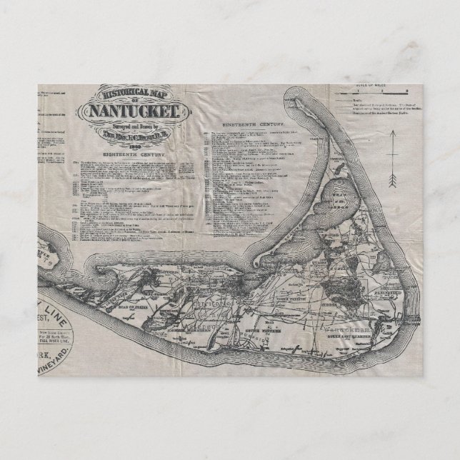 Cartão Postal Mapa do Nantucket de Vintage (Frente)
