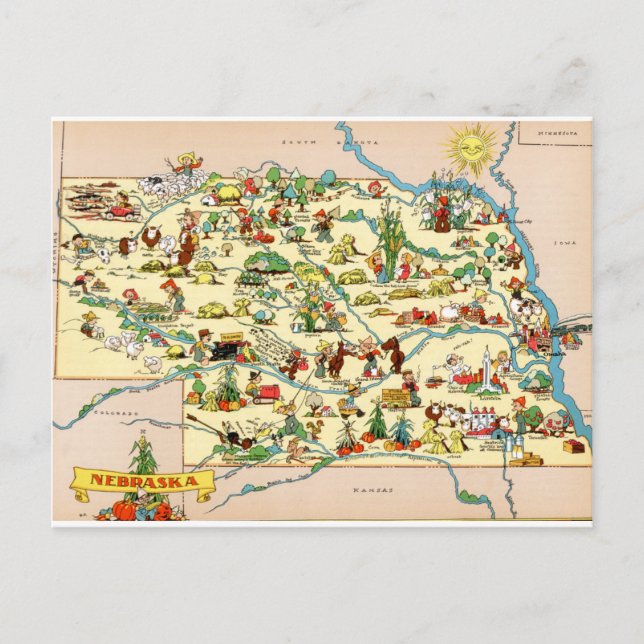 Cartão Postal Mapa do Nebraska Funny Vintage (Frente)