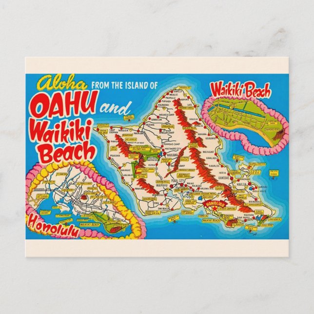 Cartão Postal Mapa do Oahu Wikiki Beach em Postcard (Frente)