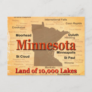 Cartão Postal Mapa do Orgulho do Estado do Minnesota envelhecido