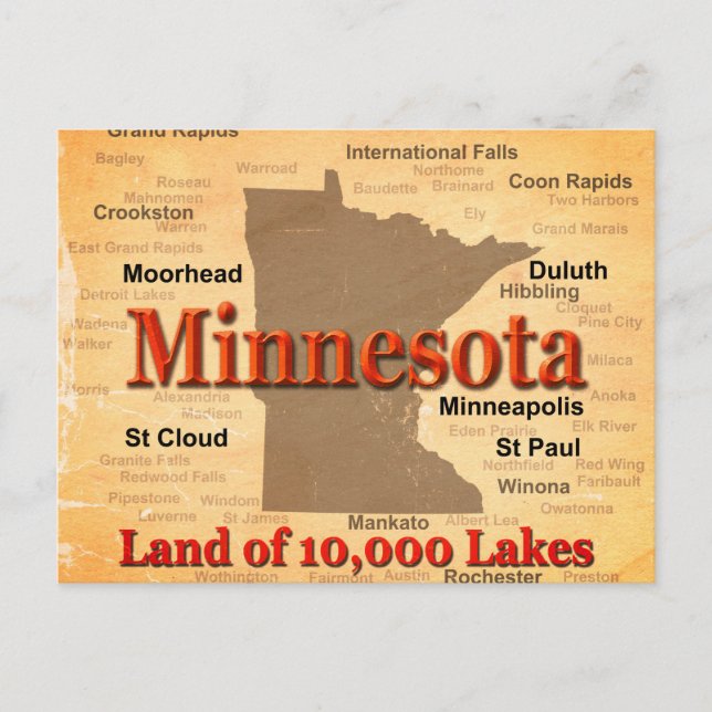 Cartão Postal Mapa do Orgulho do Estado do Minnesota envelhecido (Frente)