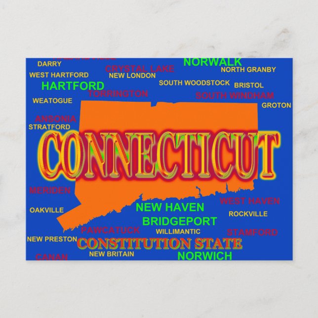 Cartão Postal Mapa do Orgulho Estatal das Cidades do Connecticut (Frente)