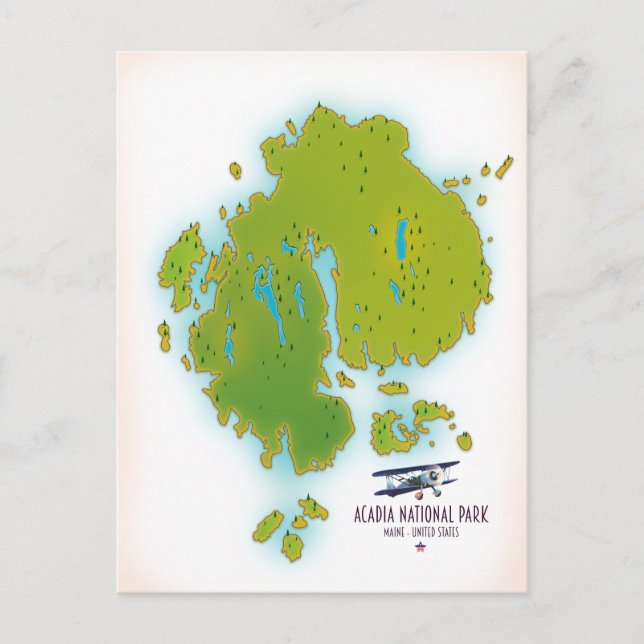 Cartão Postal Mapa do Parque Nacional Acadia, Maine. Mapa de via (Frente)