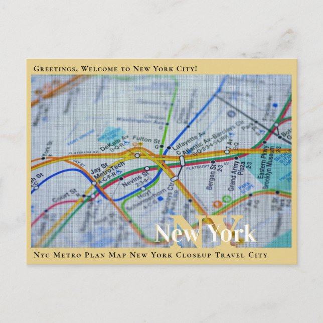 Cartão Postal Mapa do Plano Metro de Nova York Closeup Viagem Ci (Frente)