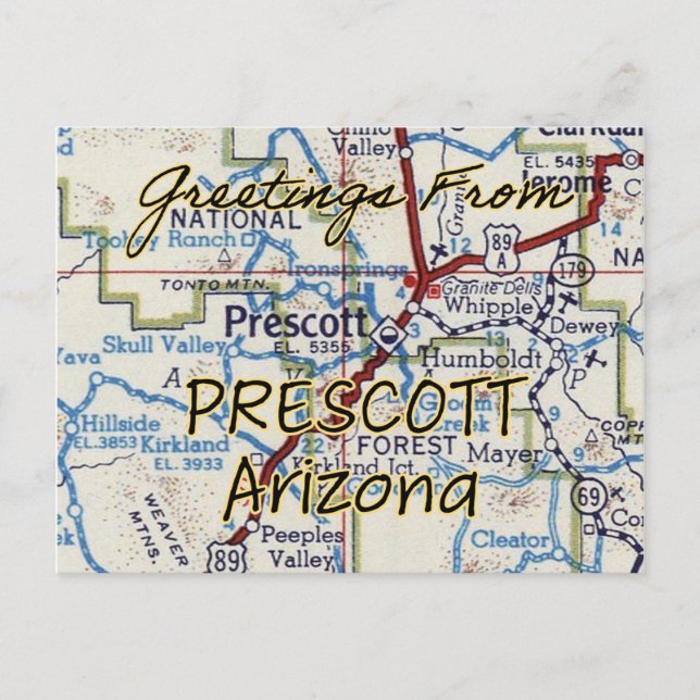 Cartão Postal Mapa do Prescott AZ Vintage (Frente)